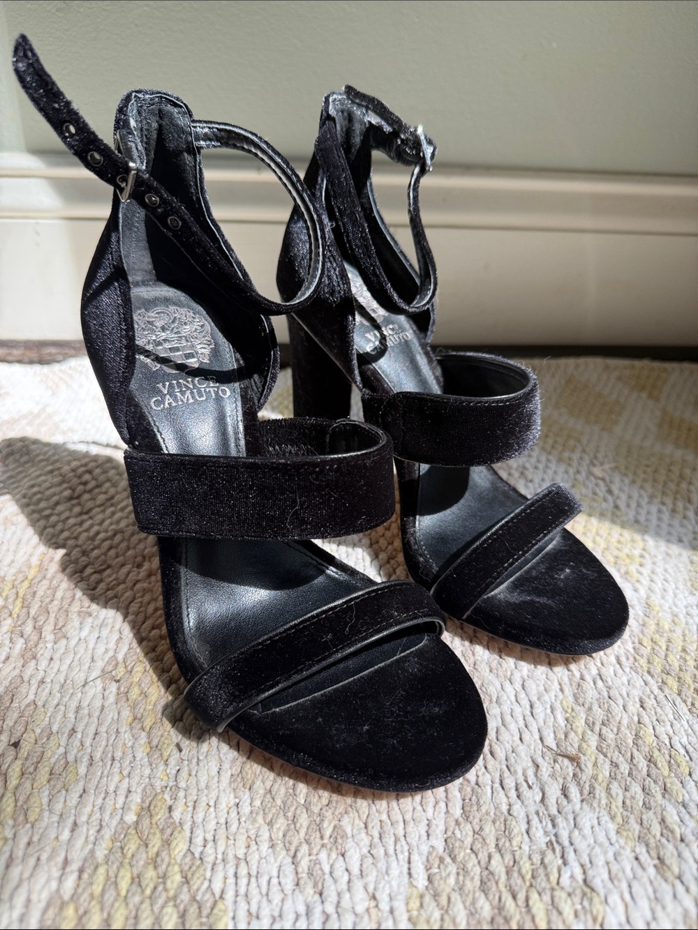 Vince Camuto Black Velvet Strappy High Block Heel Sandals